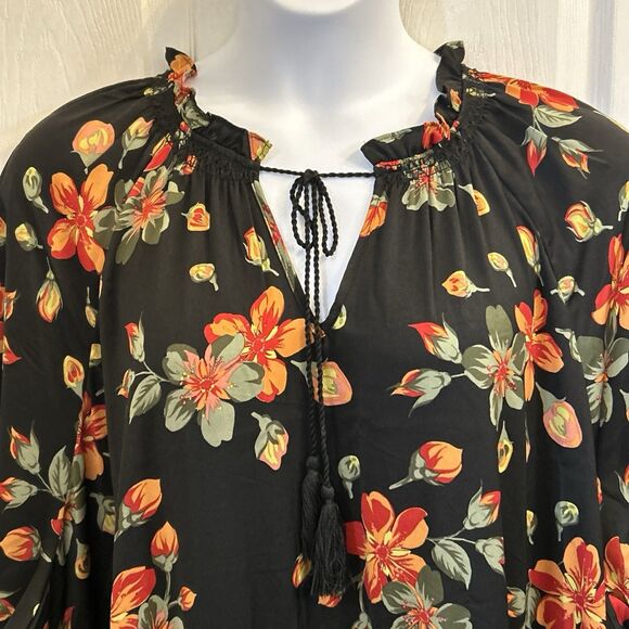 Terra & Sky Black Red Floral Maxi Dress Plus Size 5X 3/4 Sleeve Keyhole Tie Neck - Picture 14 of 16